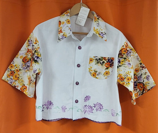 Mended Wing Cropped Embroidered Pillowcase Top – Purple Flowers – Women's Size M