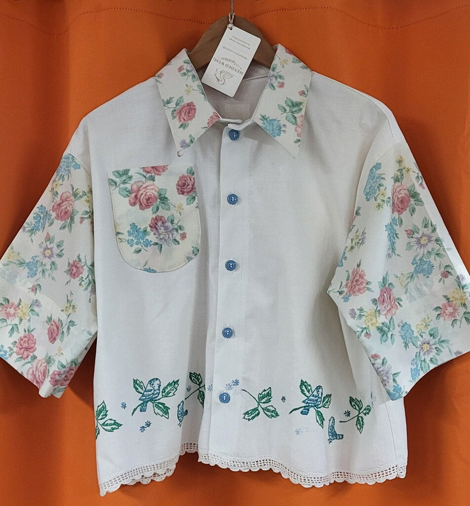 Mended Wing Cropped Embroidered Blue Bird Pillowcase Top – Women's Size L