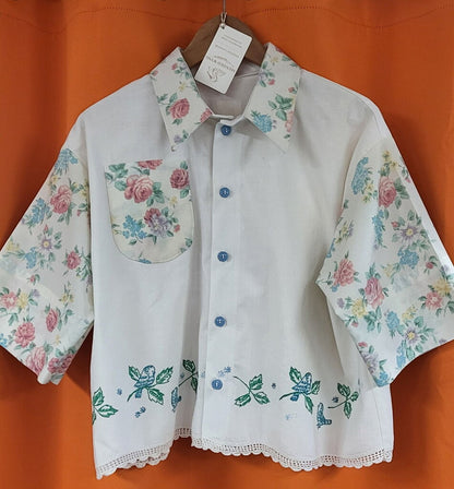 Mended Wing Cropped Embroidered Blue Bird Pillowcase Top – Women's Size L