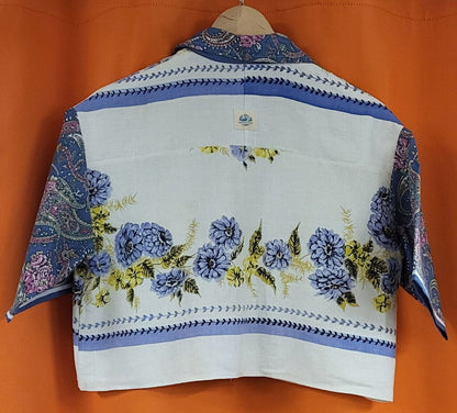 MENDED WING – Repurposed Vintage Tablecloth & Bandana Cropped Shirt – Periwinkle Flowers – Women's Size Small