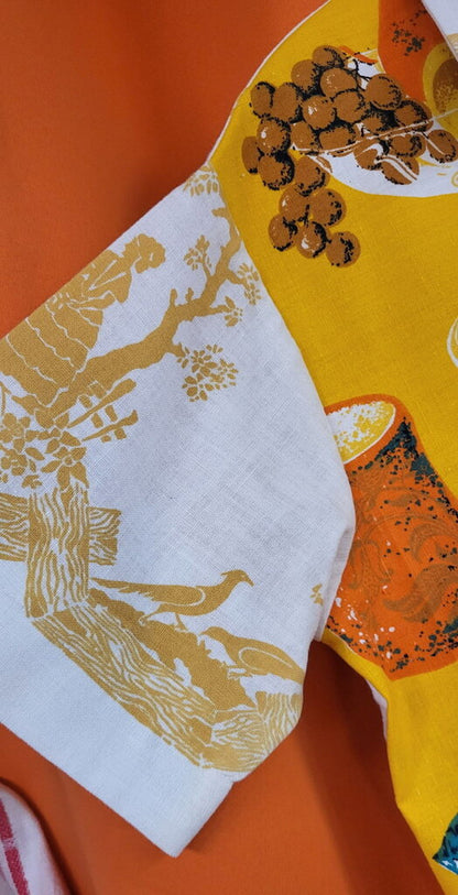 MENDED WING – Repurposed Vintage Tablecloth & Tea Towel Cropped Shirt – Golden Fruit – Women's Size 2X