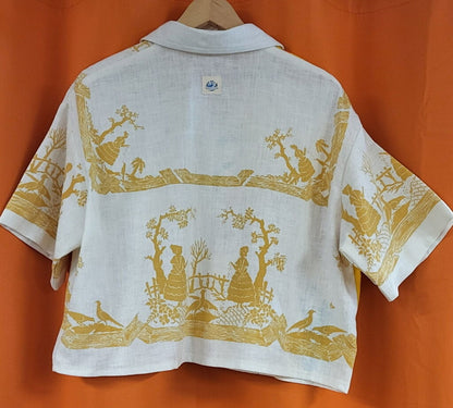 MENDED WING – Repurposed Vintage Tablecloth & Tea Towel Cropped Shirt – Golden Fruit – Women's Size 2X