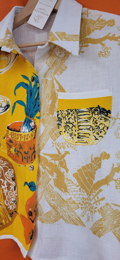 MENDED WING – Repurposed Vintage Tablecloth & Tea Towel Cropped Shirt – Golden Fruit – Women's Size 2X