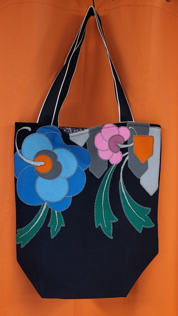 MENDED WING Black Floral Appliquéd Vintage Table Runner Tote Bag – One-of-a-Kind