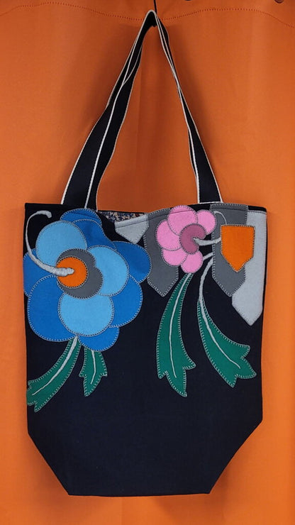 MENDED WING Black Floral Appliquéd Vintage Table Runner Tote Bag – One-of-a-Kind