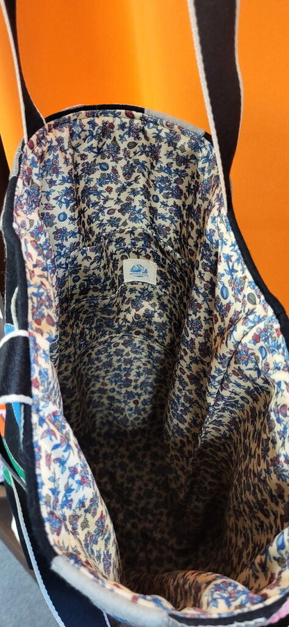 MENDED WING Black Floral Appliquéd Vintage Table Runner Tote Bag – One-of-a-Kind