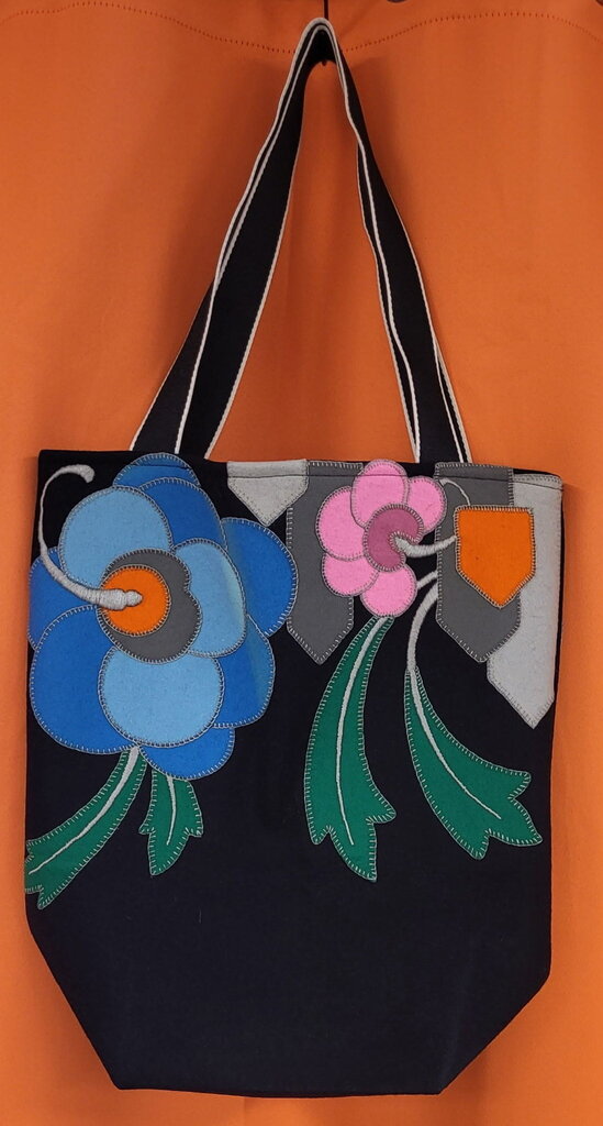 MENDED WING Black Floral Appliquéd Vintage Table Runner Tote Bag – One-of-a-Kind