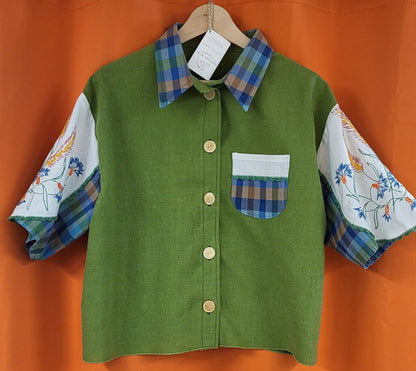 MENDED WING Women’s 3X Upcycled Vintage Tablecloth & Embroidered Wheat Crop Shirt