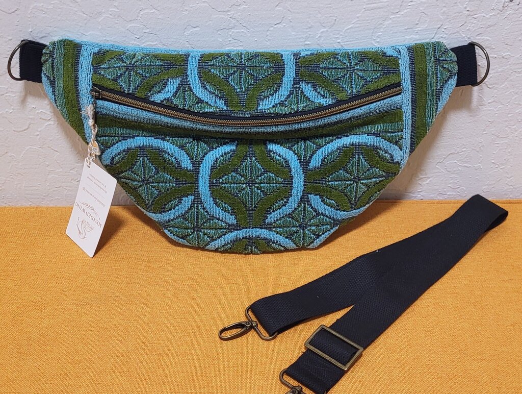 Blue & Olive Geometric Terry Towel Bum Bag | Mended Wing