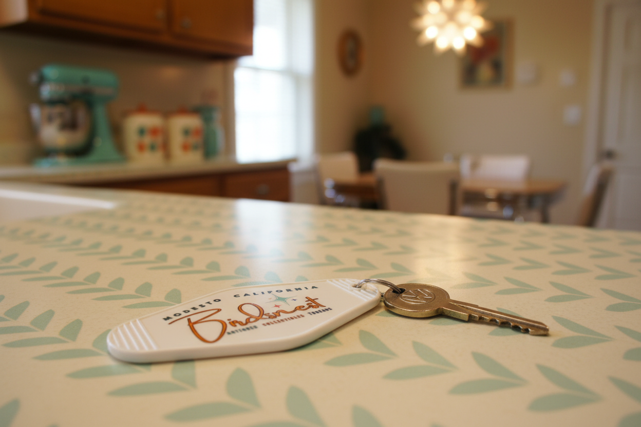 put this on a mid century style kitchen counter. use the key ring that is on the item to attach it to a set of volkswagon keys